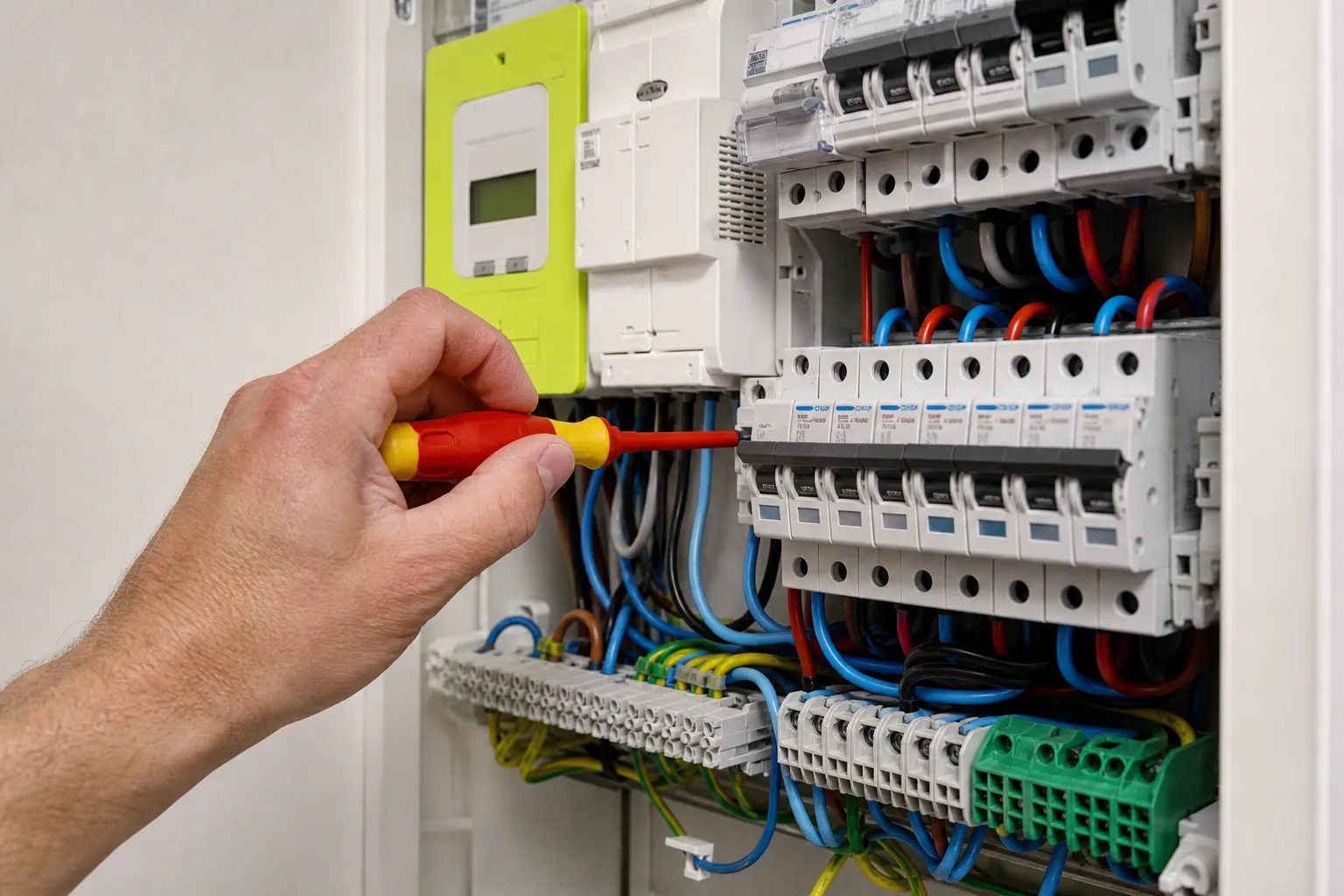 Tableau électrique domestique, compteur communicant et circuits solaires étiquetés