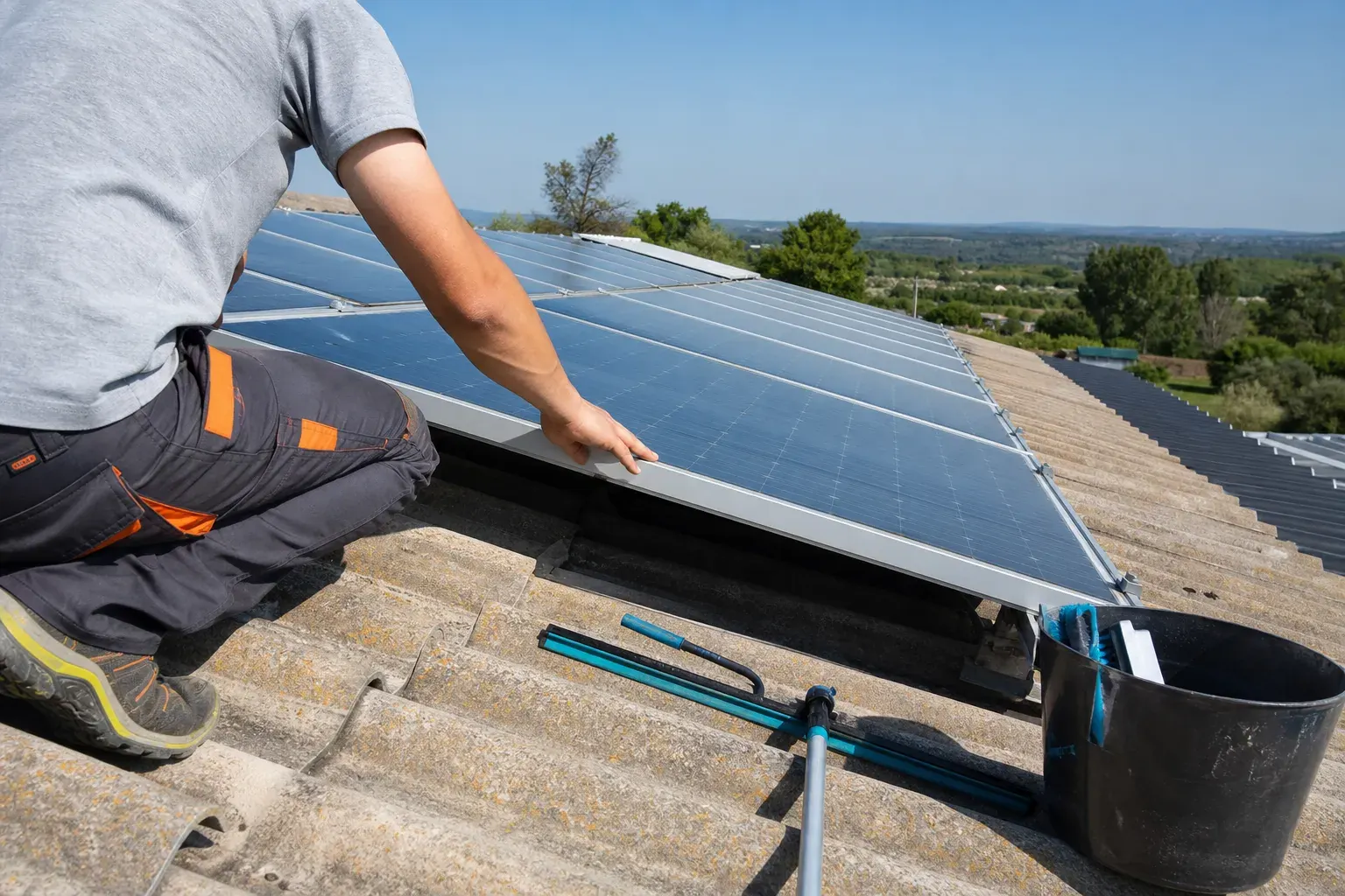 Contrôle d’entretien sur une rangée de panneaux solaires en toiture
