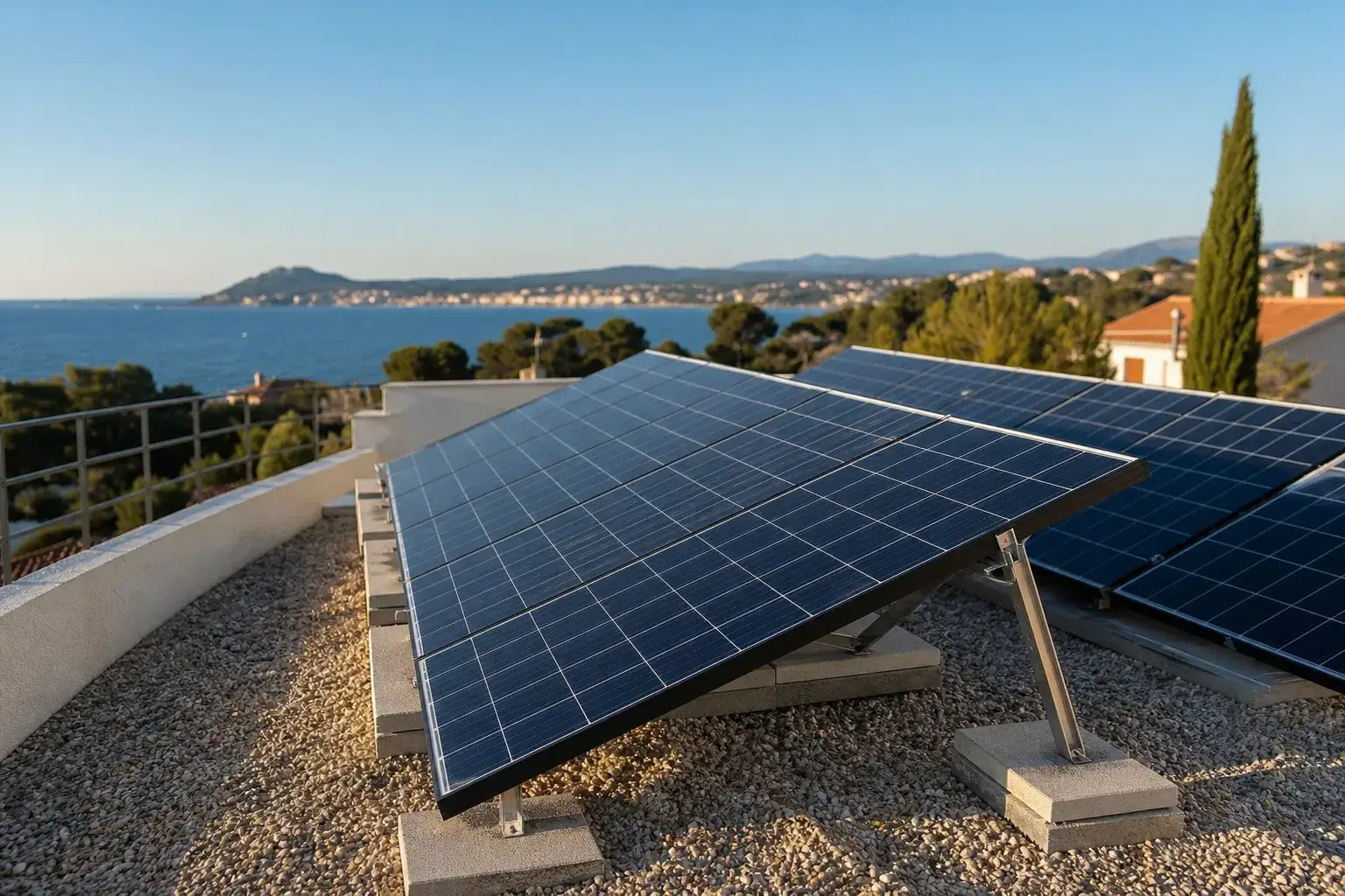 Toit-terrasse méditerranéen équipé de panneaux solaires en surimposition, face à la rade de Toulon