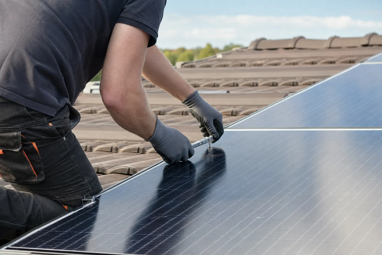 Technicien de l’entreprise au travail sur une installation solaire, geste de pose